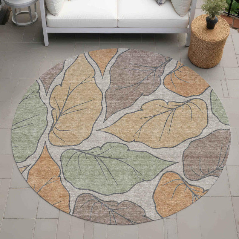 8' Copper Ivory And Sage Round Botanical Leaves Washable Indoor Outdoor Area Rug