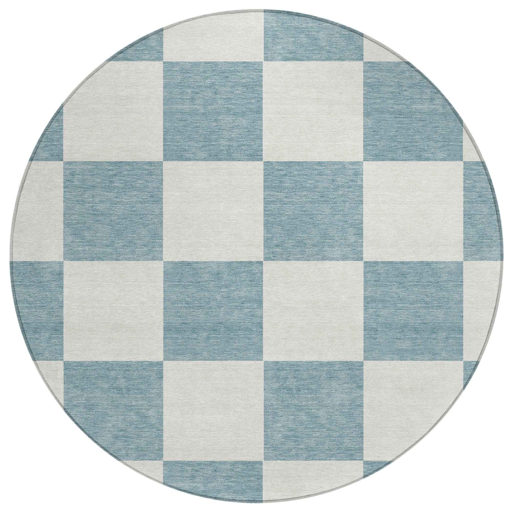 8' Teal Blue And Ivory Round Geometric Washable Indoor Outdoor Area Rug