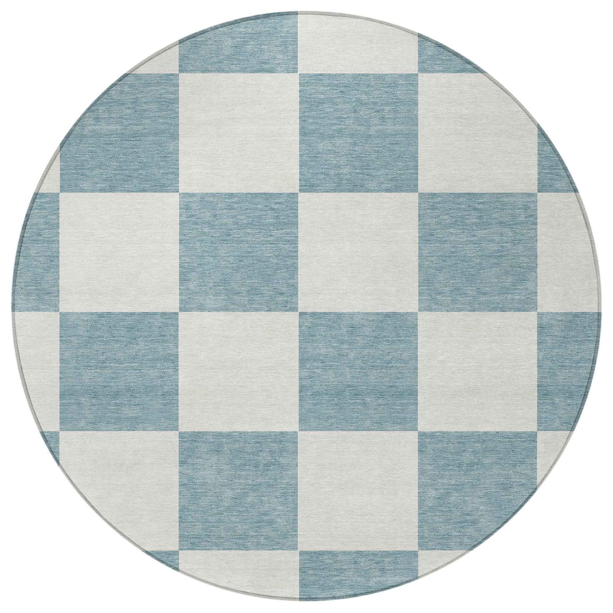 8' Teal Blue And Ivory Round Geometric Washable Indoor Outdoor Area Rug