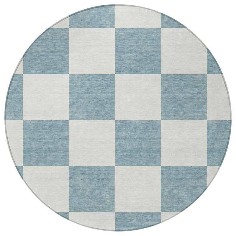 8' Teal Blue And Ivory Round Geometric Washable Indoor Outdoor Area Rug