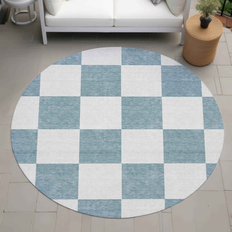 8' Teal Blue And Ivory Round Geometric Washable Indoor Outdoor Area Rug