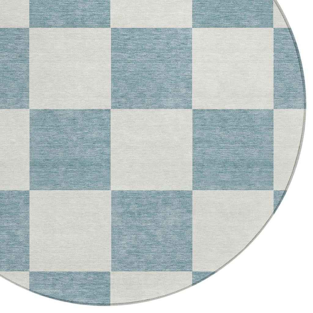 8' Teal Blue And Ivory Round Geometric Washable Indoor Outdoor Area Rug