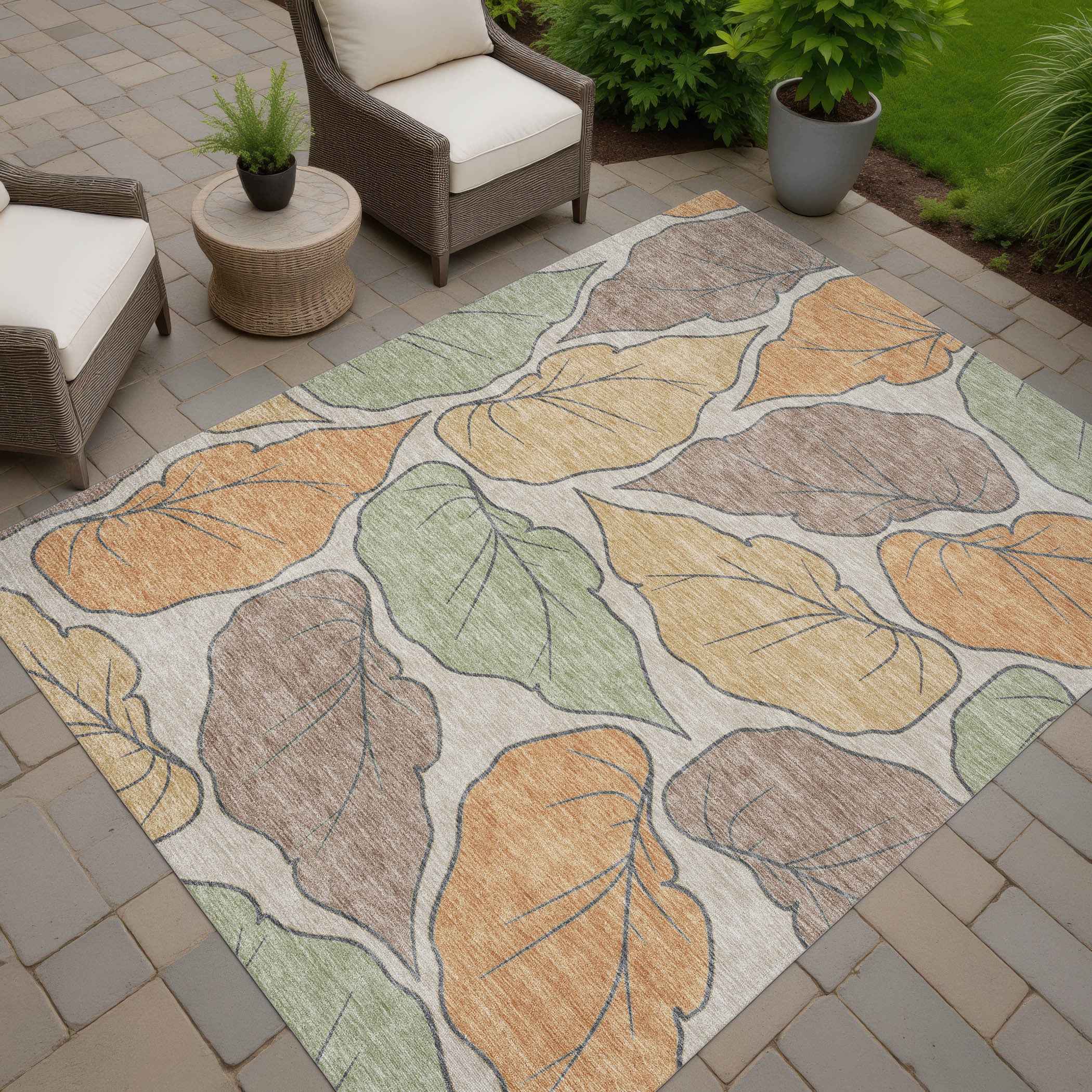 8' X 10' Copper Ivory And Sage Botanical Leaves Washable Indoor Outdoor Area Rug