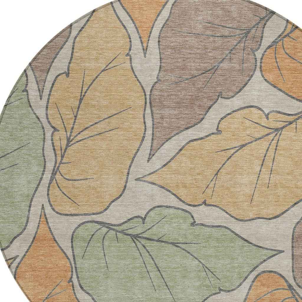 8' Copper Ivory And Sage Round Botanical Leaves Washable Indoor Outdoor Area Rug