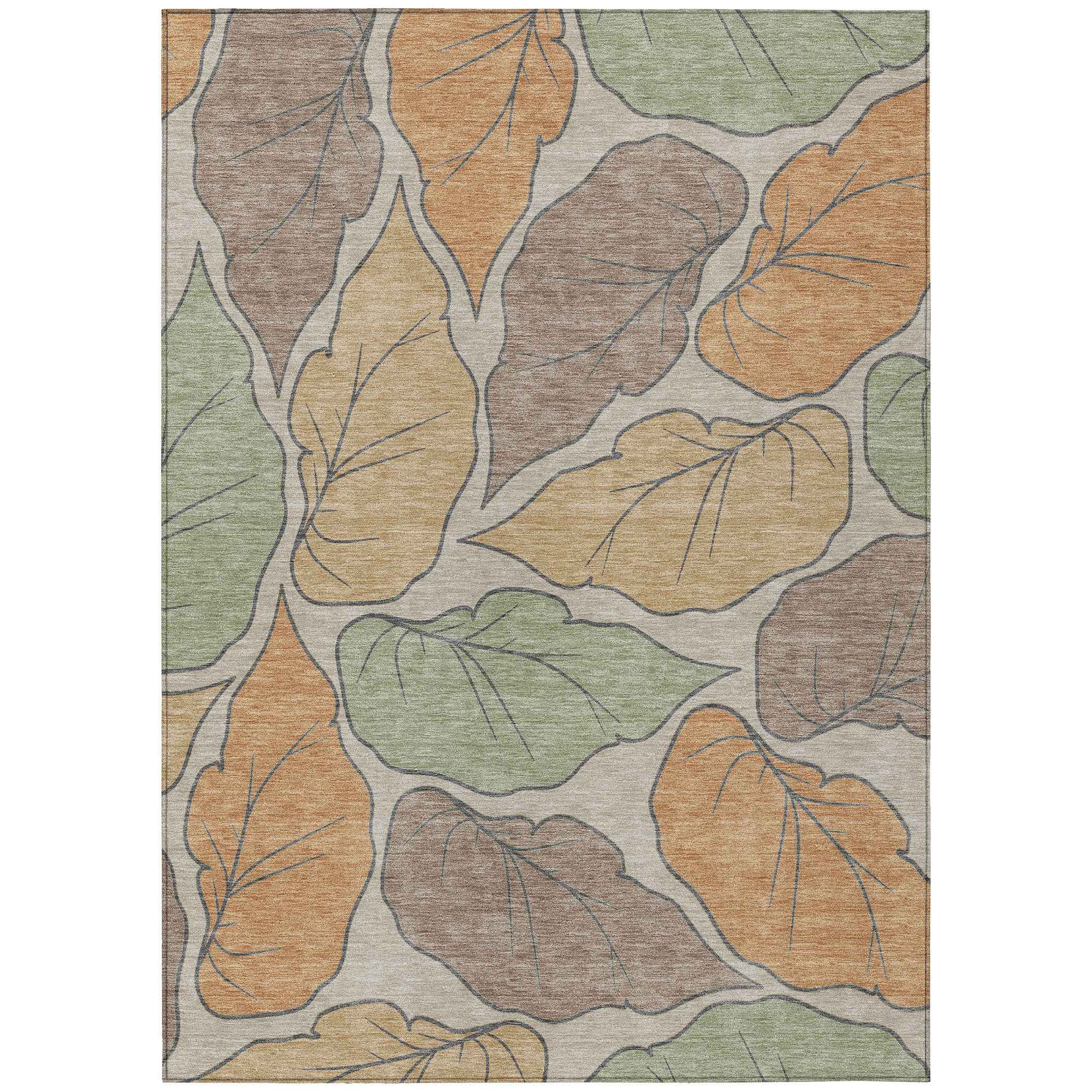 8' X 10' Copper Ivory And Sage Botanical Leaves Washable Indoor Outdoor Area Rug