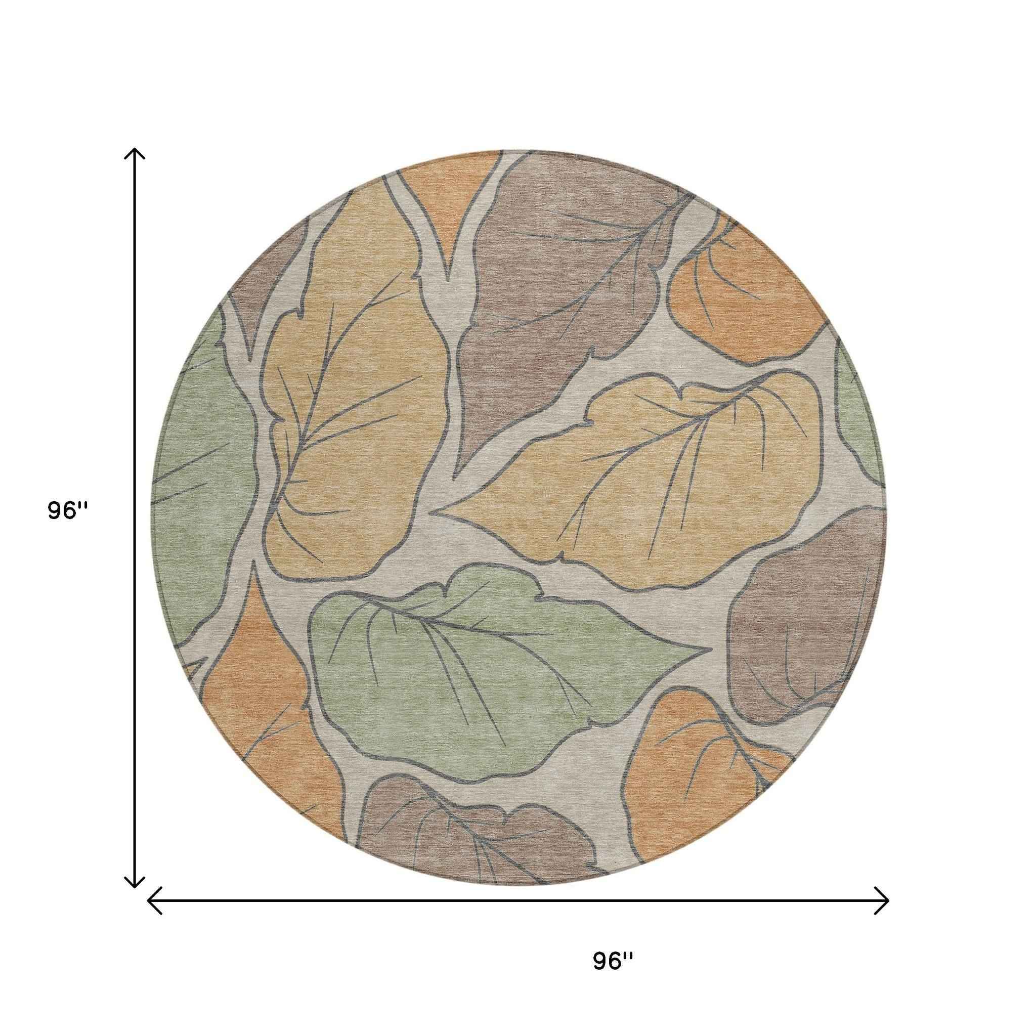 8' Copper Ivory And Sage Round Botanical Leaves Washable Indoor Outdoor Area Rug