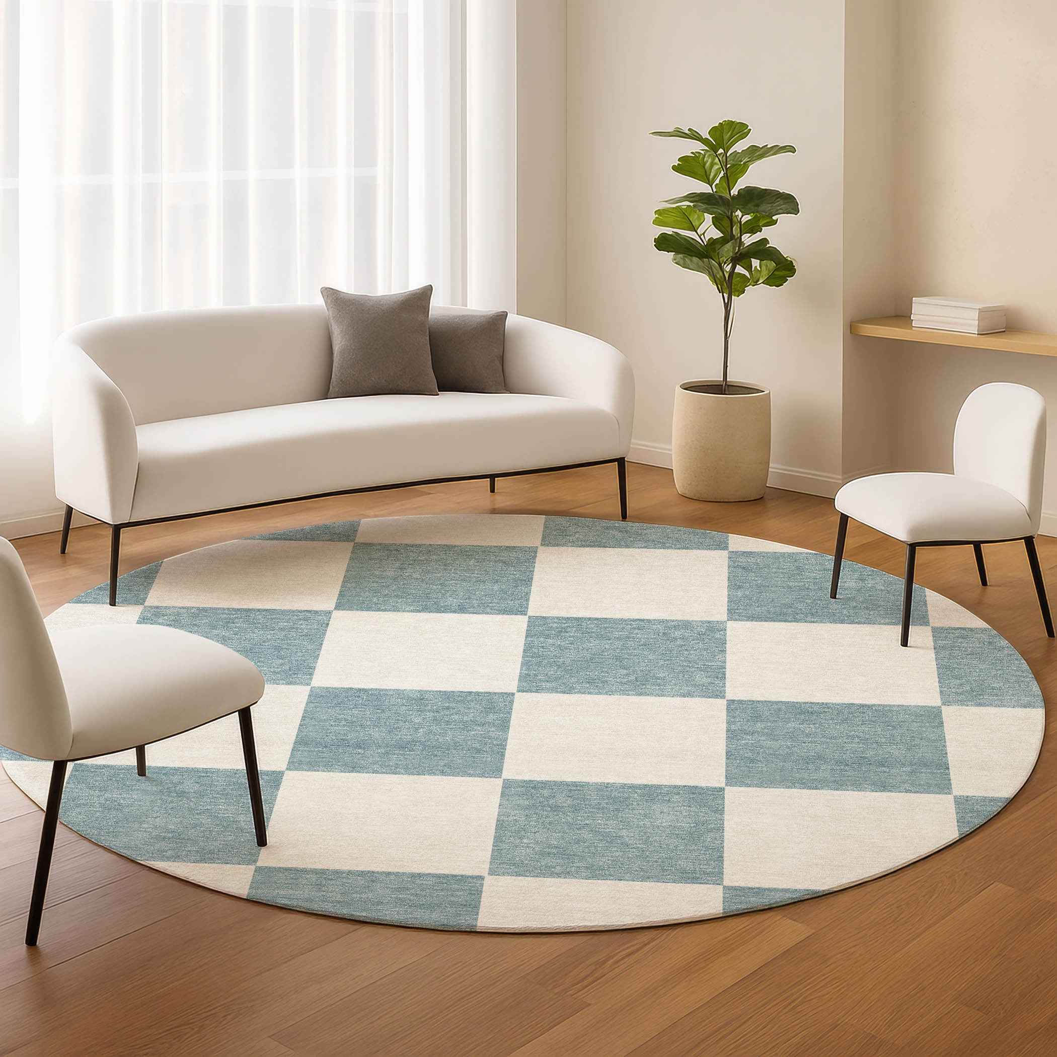 8' Teal Blue And Ivory Round Geometric Washable Indoor Outdoor Area Rug