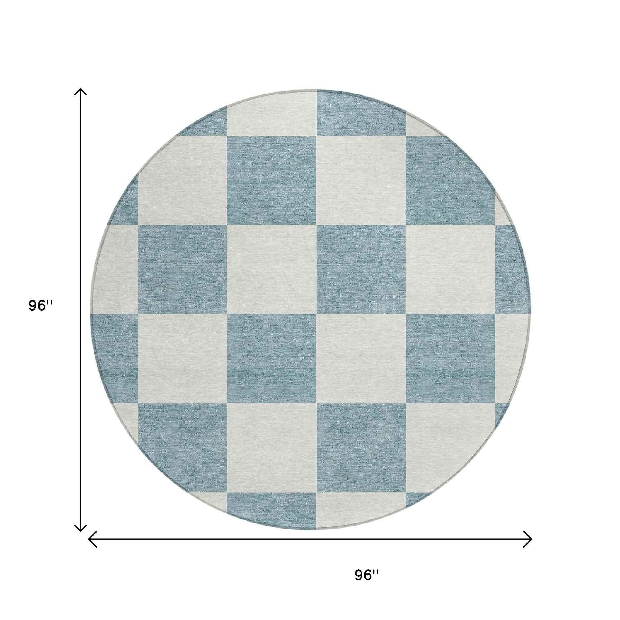 8' Teal Blue And Ivory Round Geometric Washable Indoor Outdoor Area Rug