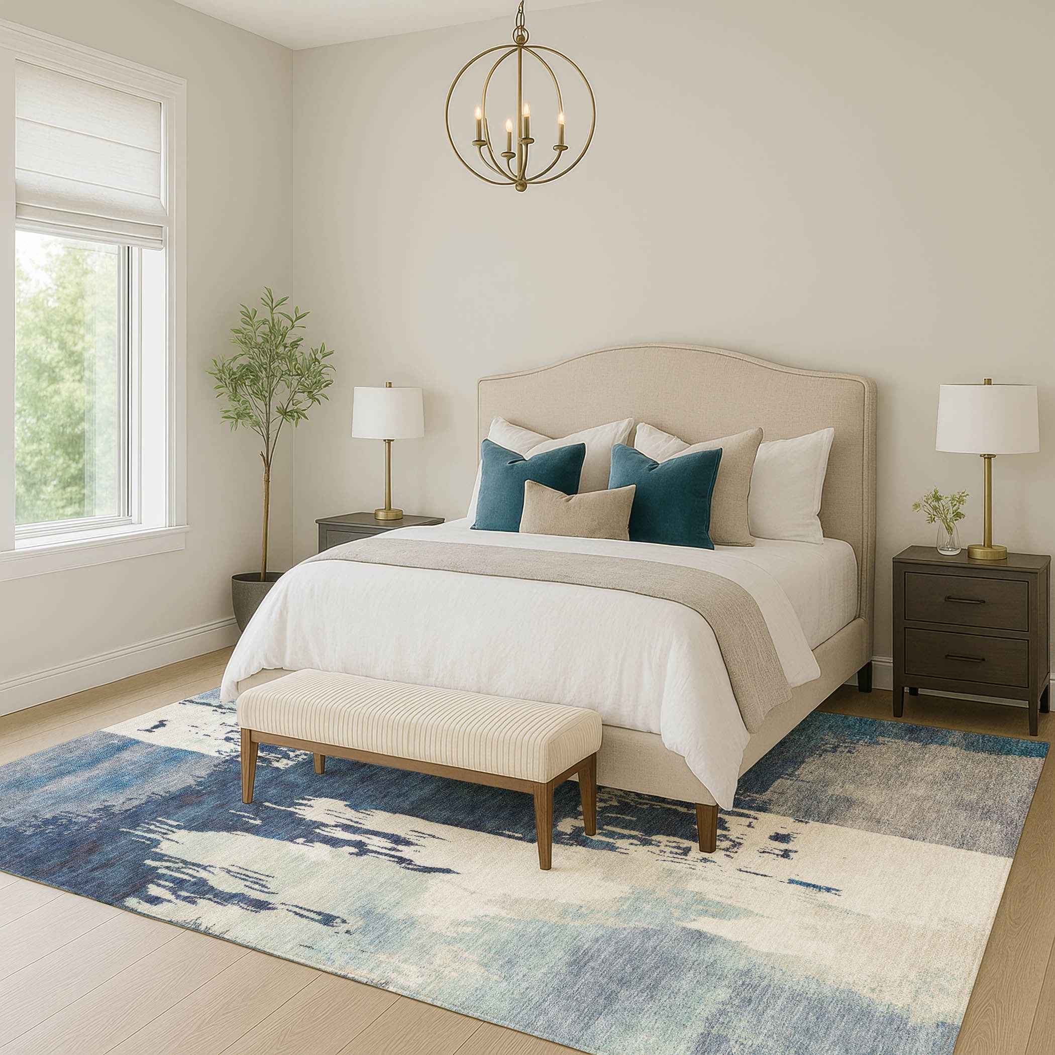 5' X 8' Blue And Ivory Abstract Washable Indoor Outdoor Area Rug