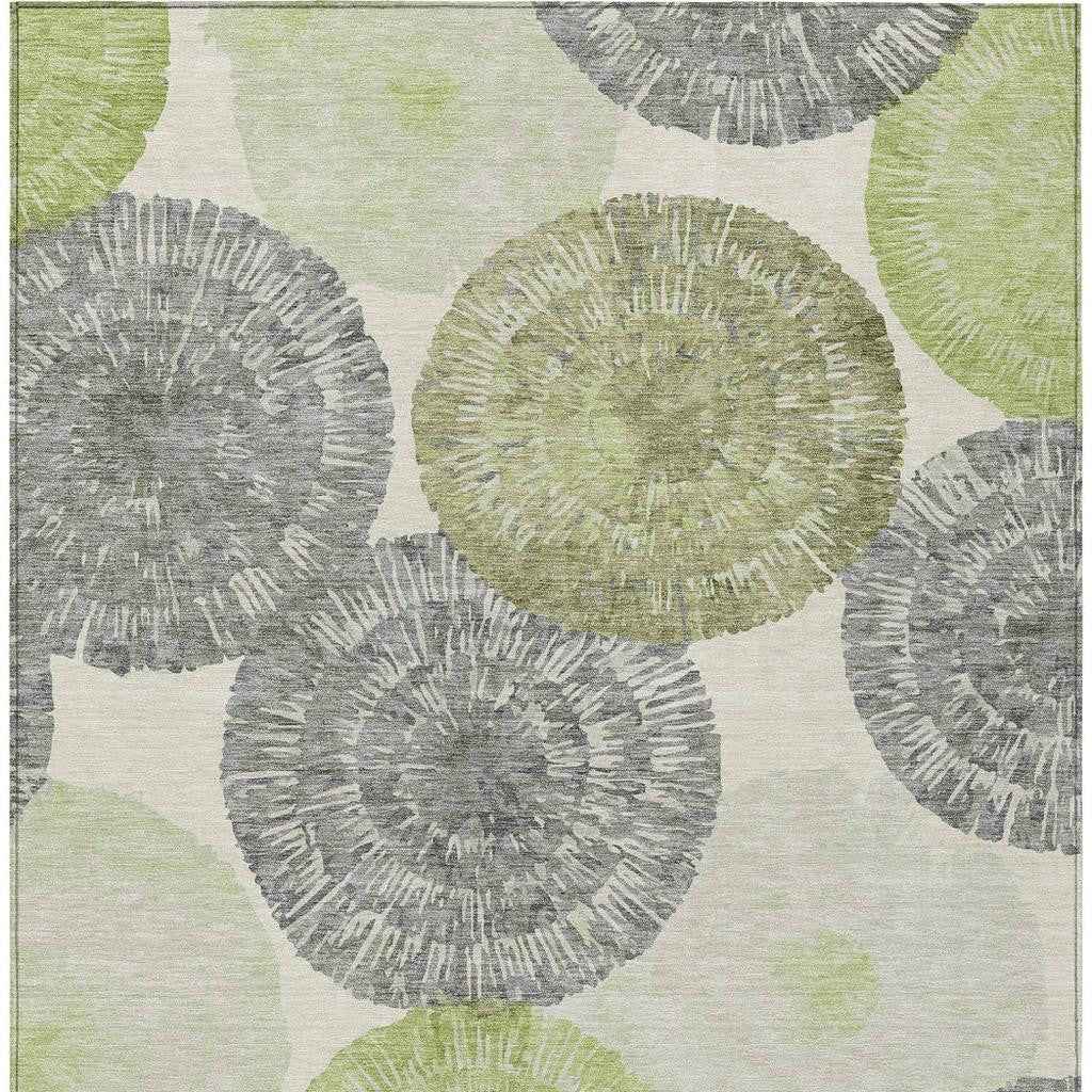 5' X 8' Artichoke Green Ivory And Gray Abstract Washable Indoor Outdoor Area Rug