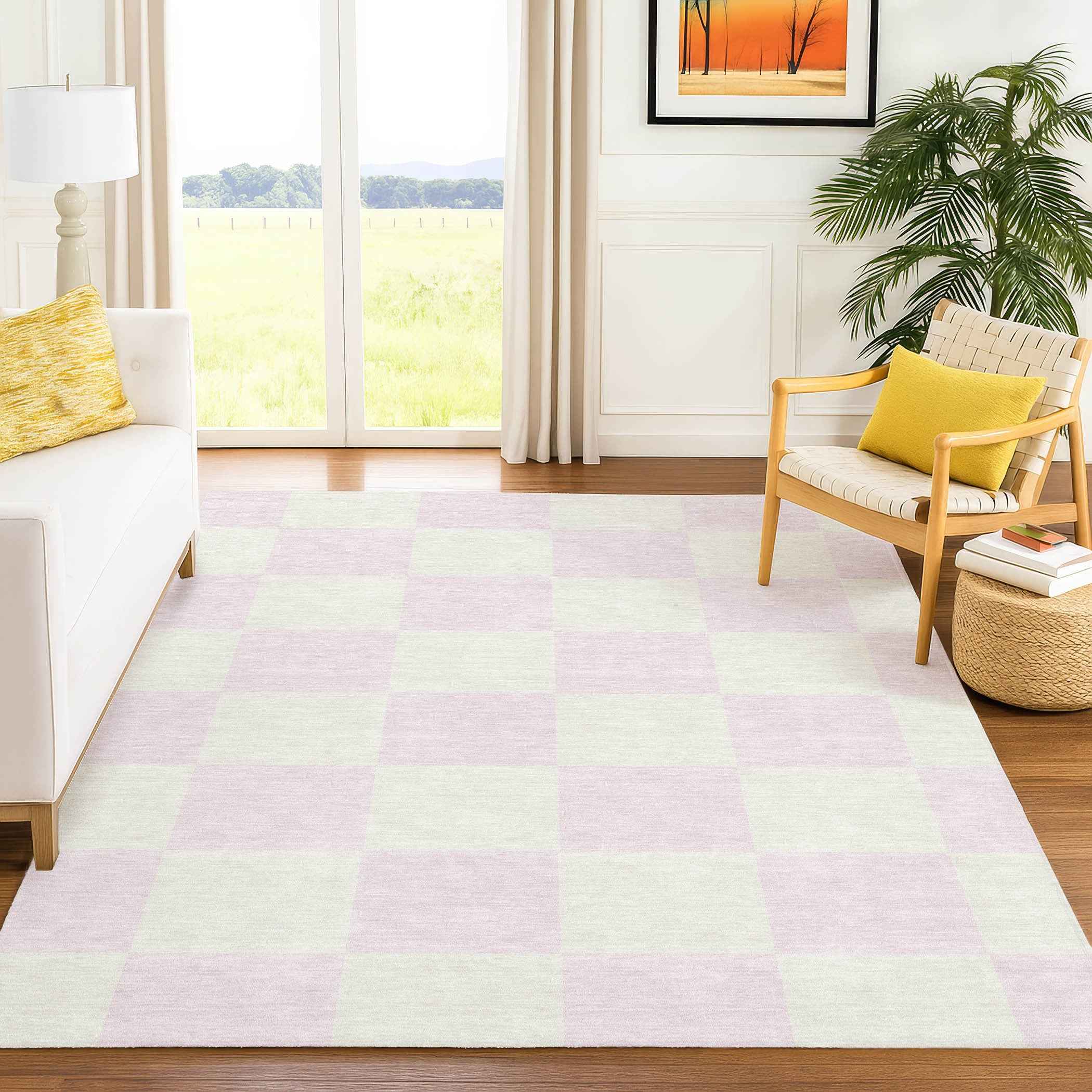 10' X 14' Pink And Ivory Geometric Washable Indoor Outdoor Area Rug