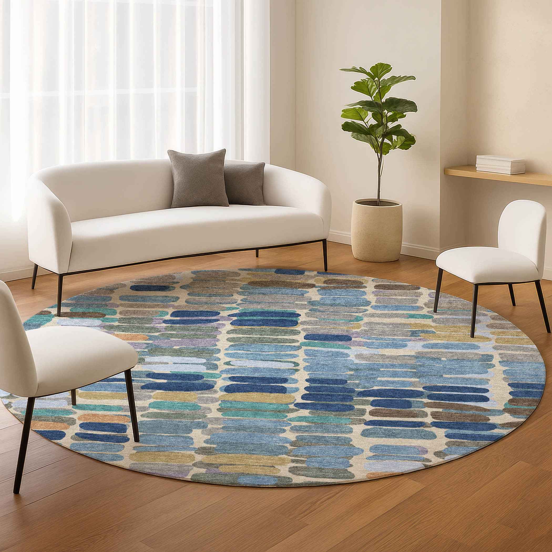 8' Denim Blue Wheat And Beige Round Abstract Washable Indoor Outdoor Area Rug