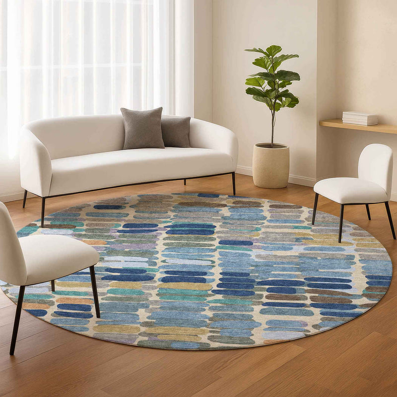 8' Denim Blue Wheat And Beige Round Abstract Washable Indoor Outdoor Area Rug