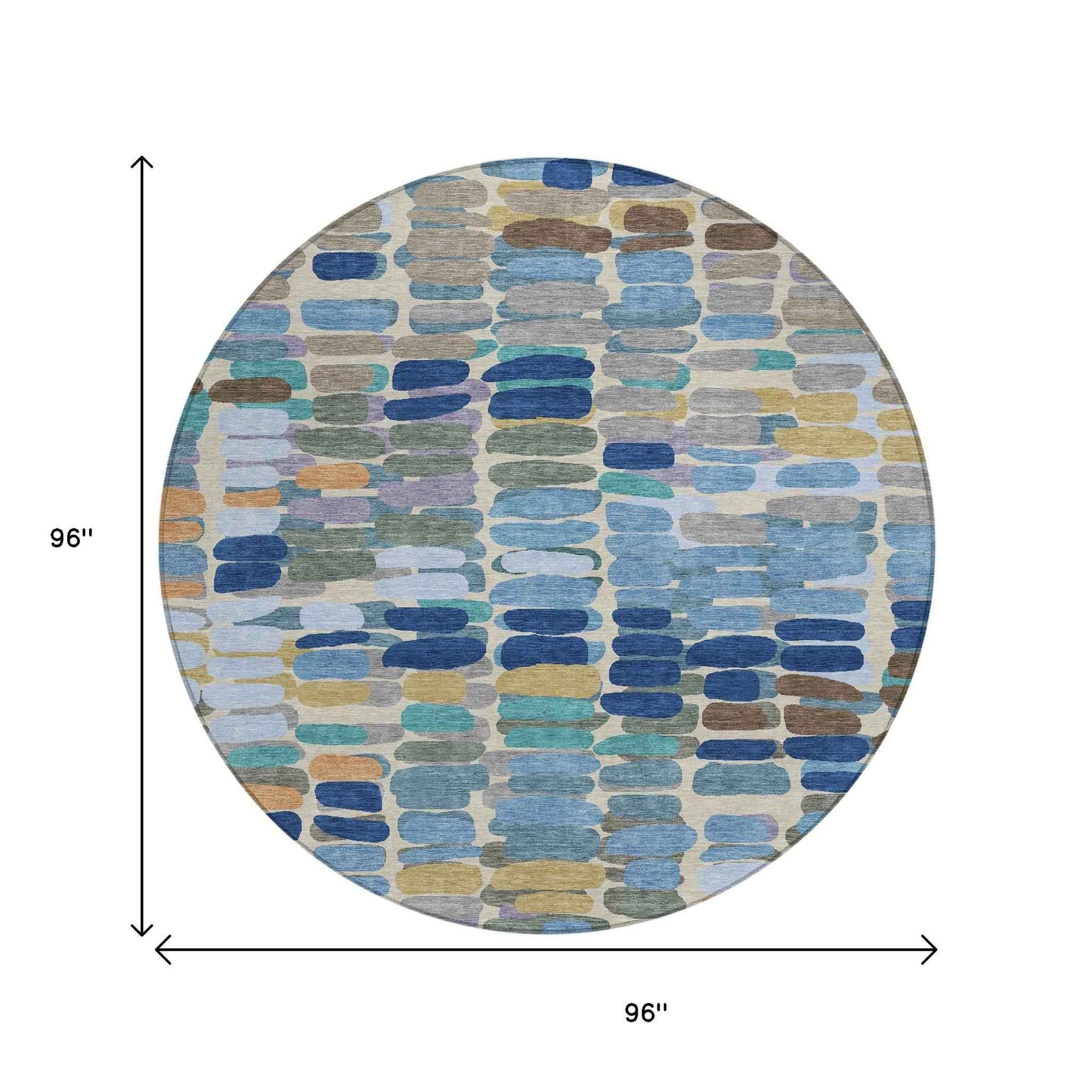 8' Denim Blue Wheat And Beige Round Abstract Washable Indoor Outdoor Area Rug