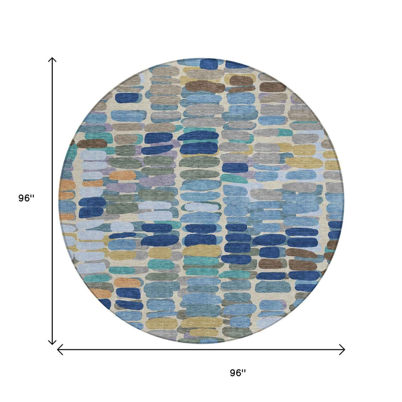 8' Denim Blue Wheat And Beige Round Abstract Washable Indoor Outdoor Area Rug
