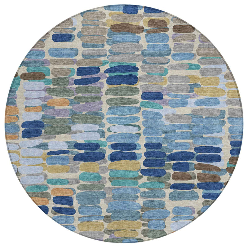 8' Denim Blue Wheat And Beige Round Abstract Washable Indoor Outdoor Area Rug
