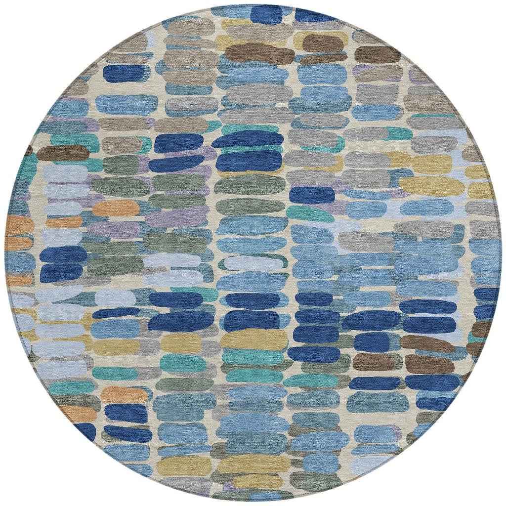 8' Denim Blue Wheat And Beige Round Abstract Washable Indoor Outdoor Area Rug