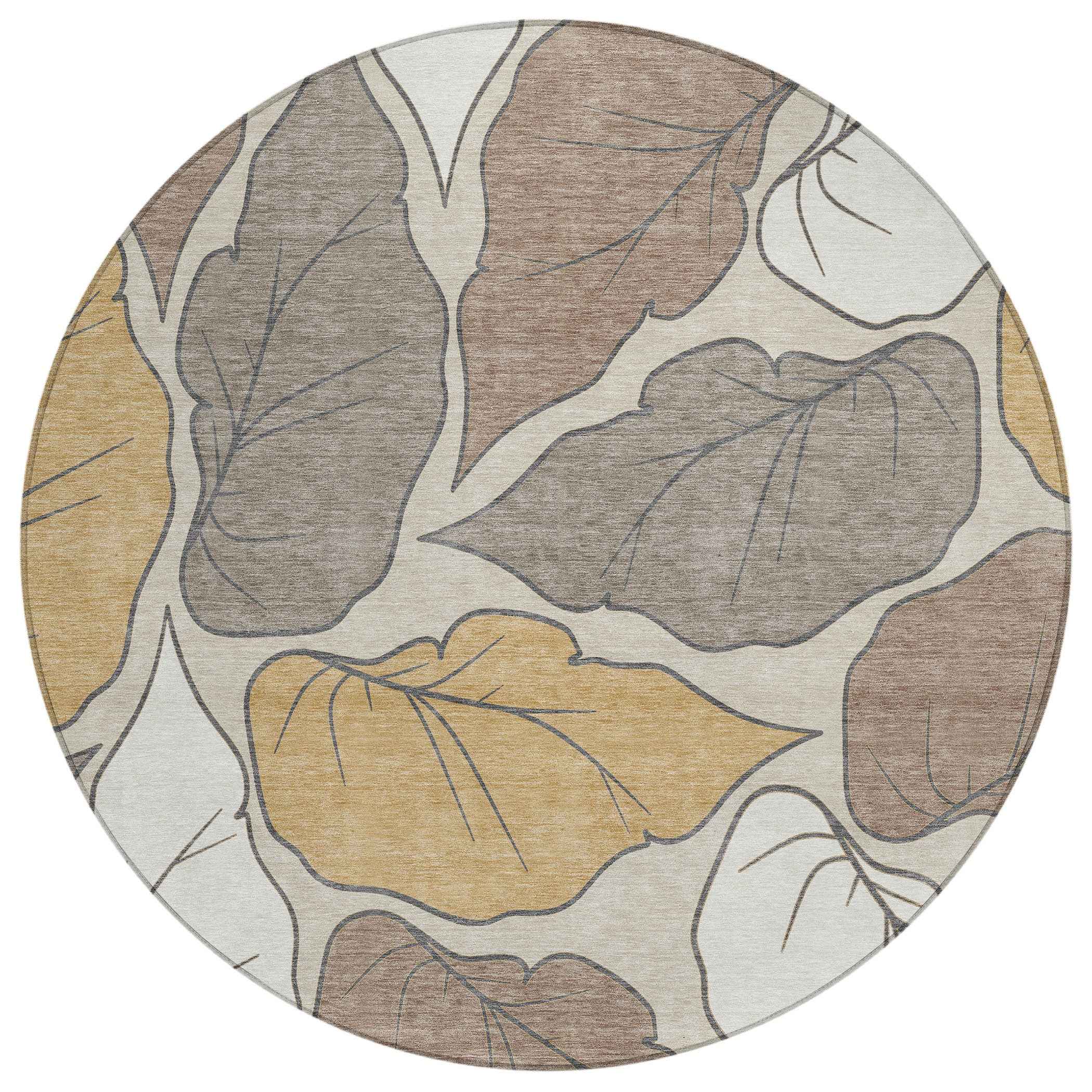 8' Linen Ivory And Brown Round Botanical Leaves Washable Indoor Outdoor Area Rug