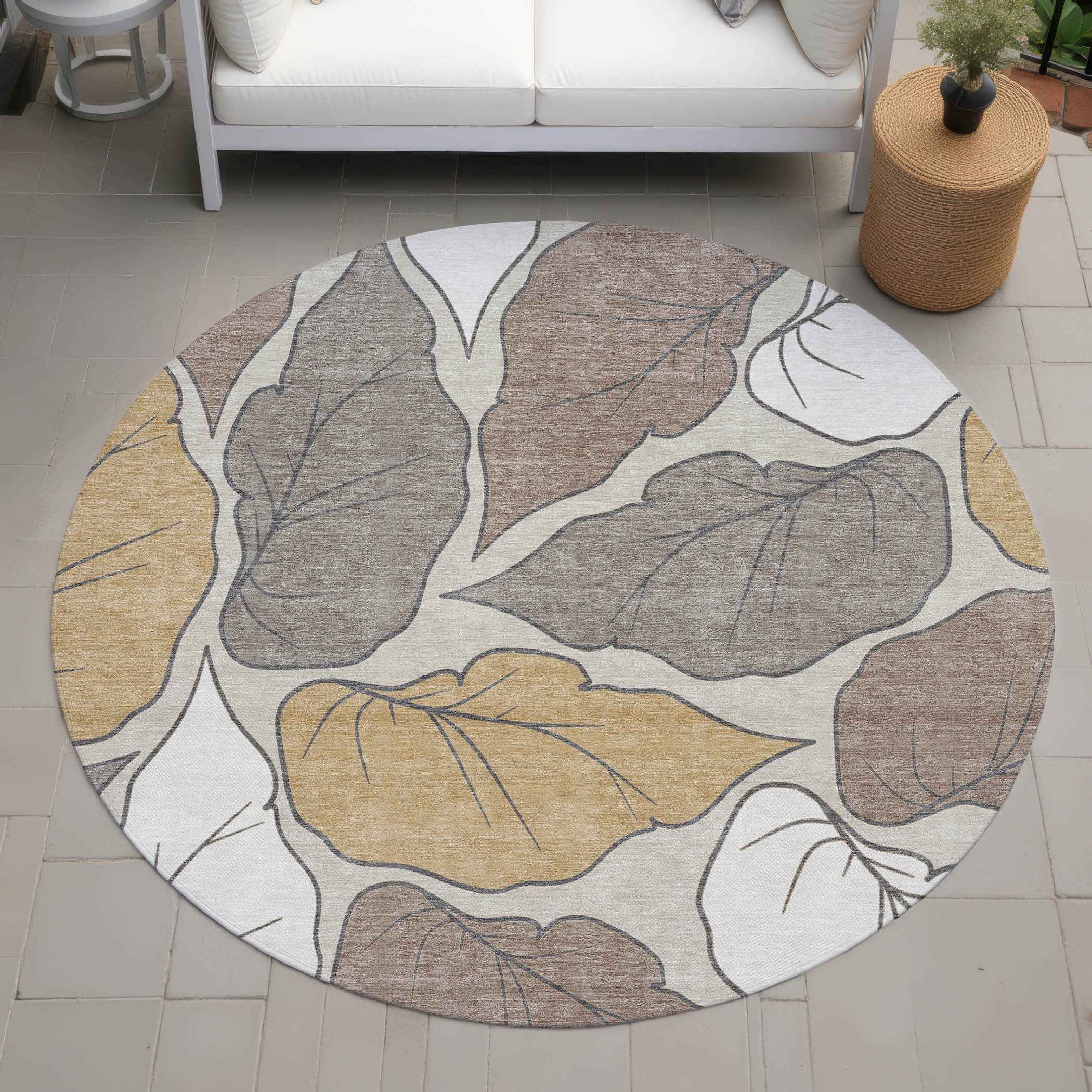 8' Linen Ivory And Brown Round Botanical Leaves Washable Indoor Outdoor Area Rug