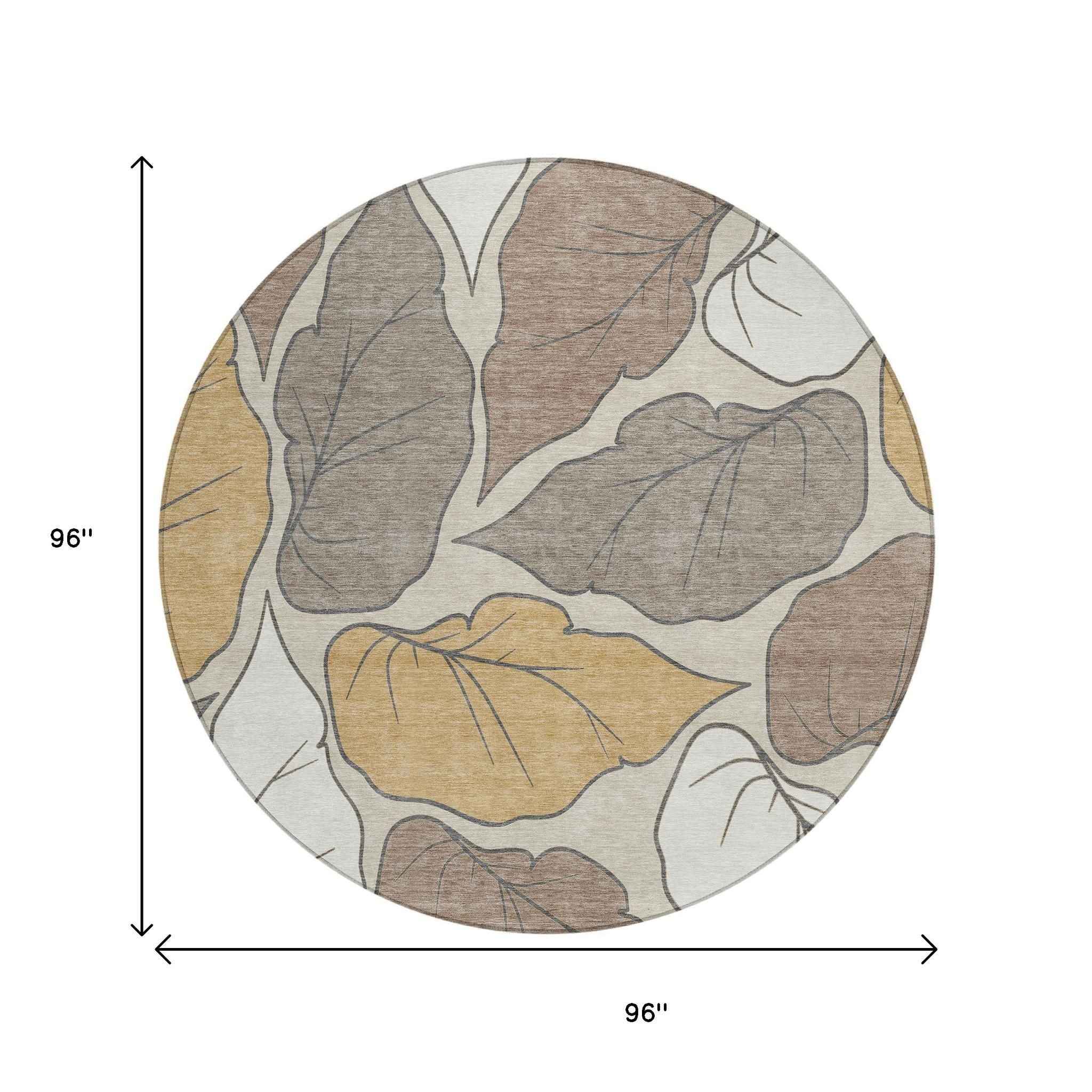 8' Linen Ivory And Brown Round Botanical Leaves Washable Indoor Outdoor Area Rug