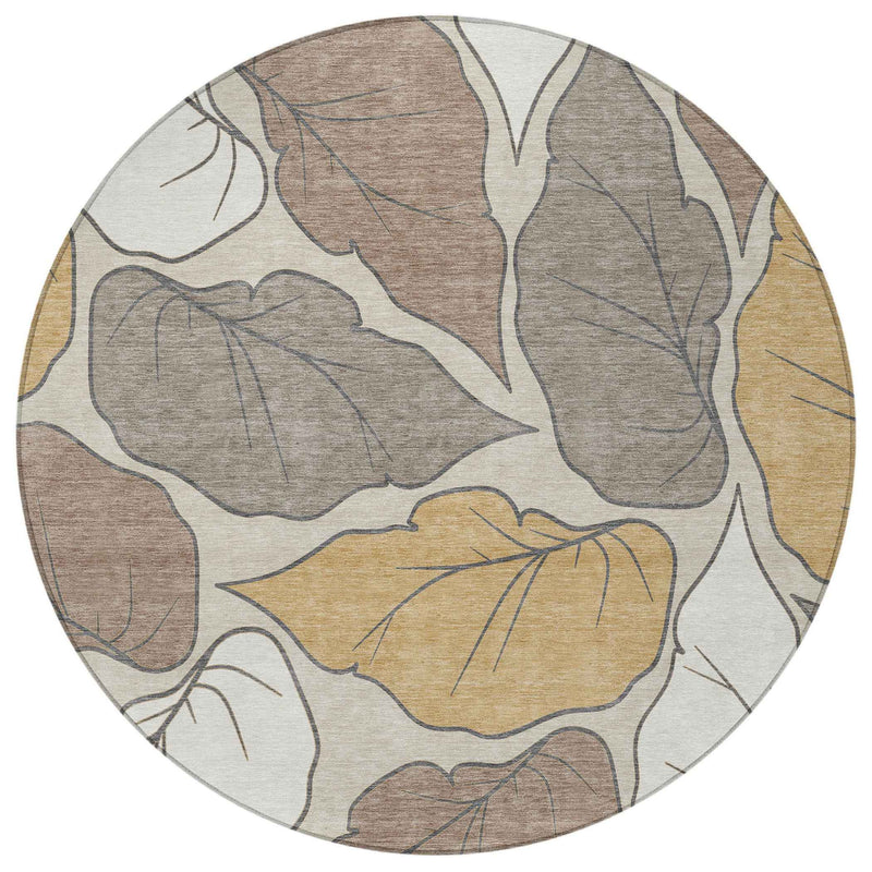 8' Linen Ivory And Brown Round Botanical Leaves Washable Indoor Outdoor Area Rug