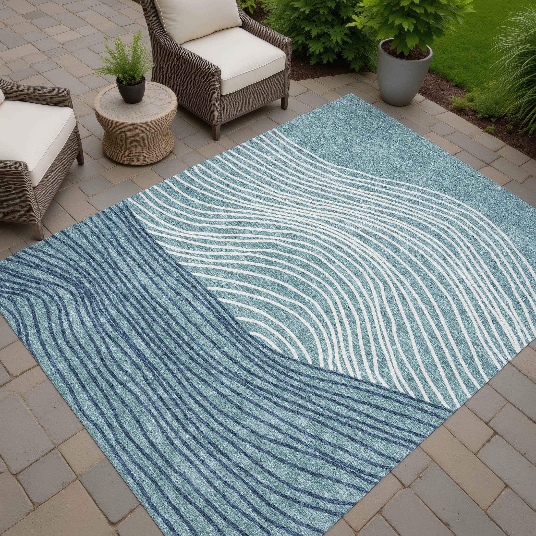 8' X 10' Teal Blue And Ivory Striped Washable Indoor Outdoor Area Rug
