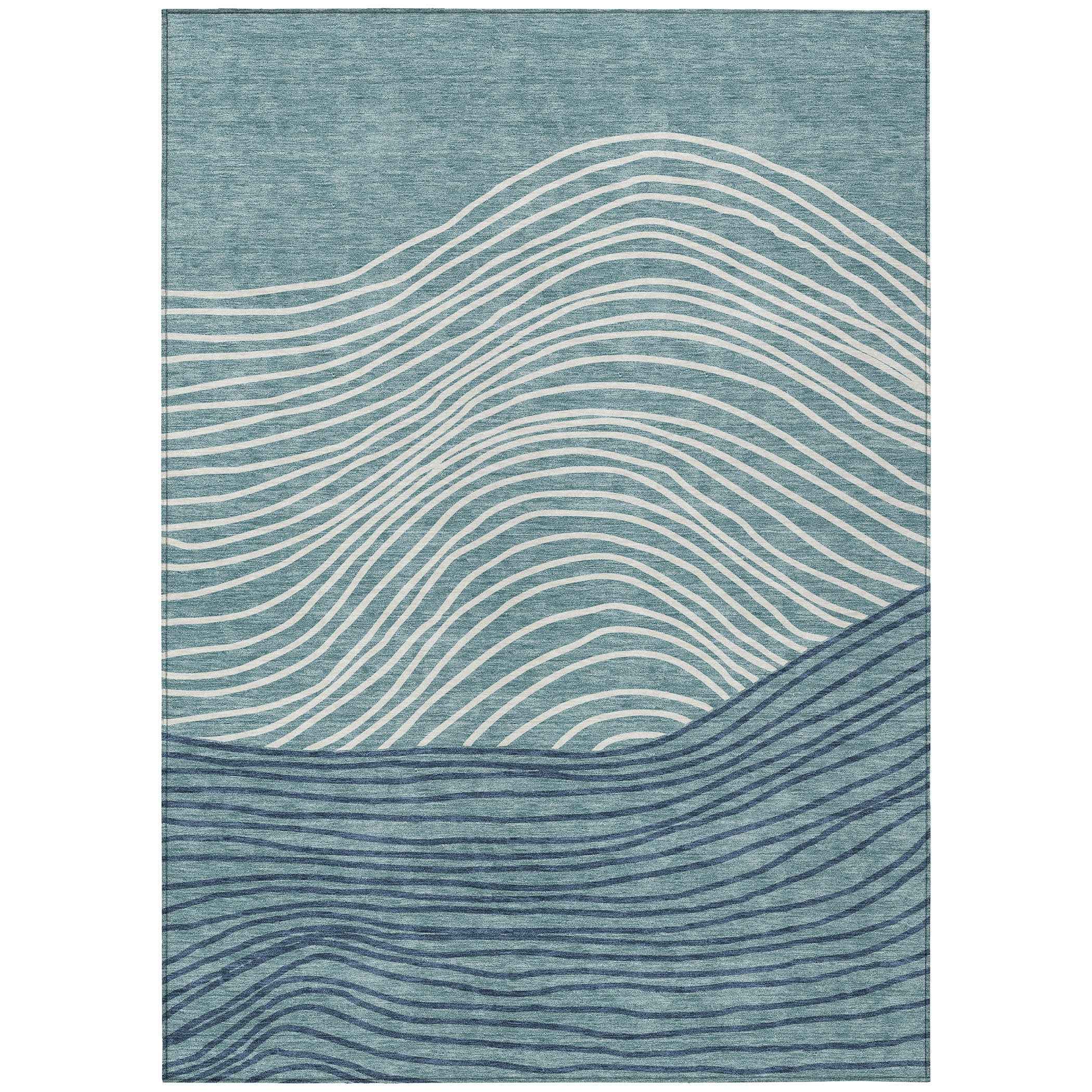8' X 10' Teal Blue And Ivory Striped Washable Indoor Outdoor Area Rug