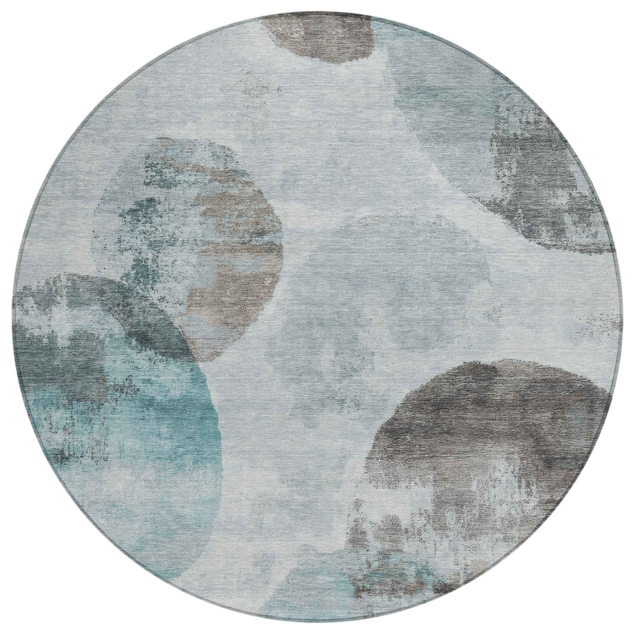 8' Teal Blue Ivory And Taupe Round Abstract Washable Indoor Outdoor Area Rug