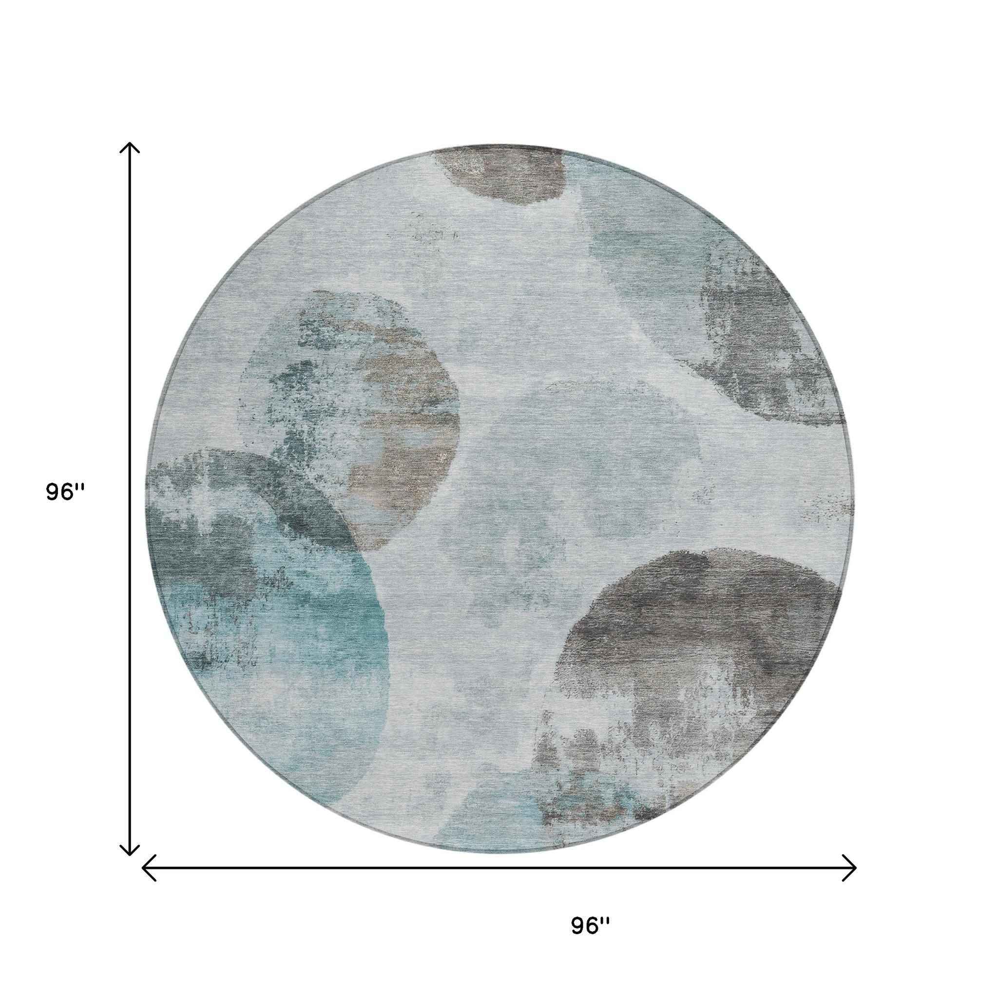 8' Teal Blue Ivory And Taupe Round Abstract Washable Indoor Outdoor Area Rug