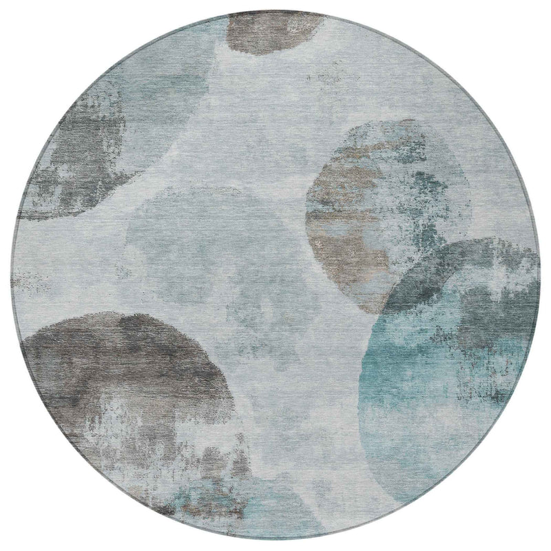 8' Teal Blue Ivory And Taupe Round Abstract Washable Indoor Outdoor Area Rug