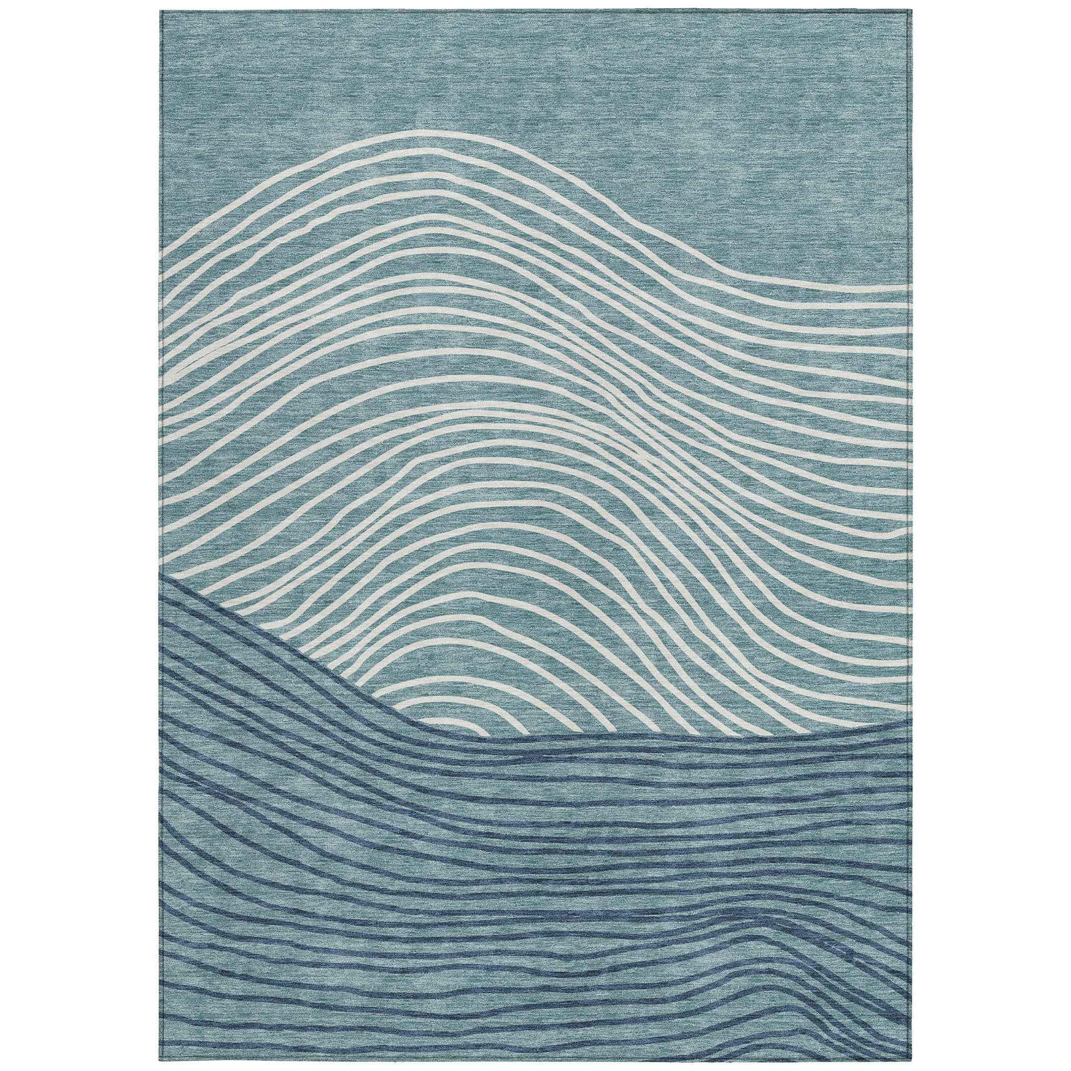 8' X 10' Teal Blue And Ivory Striped Washable Indoor Outdoor Area Rug