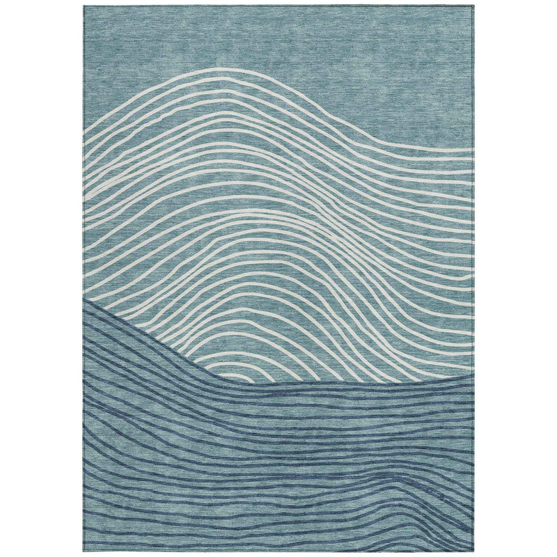 8' X 10' Teal Blue And Ivory Striped Washable Indoor Outdoor Area Rug