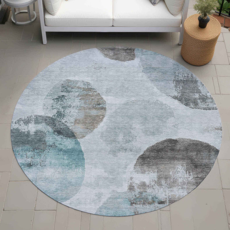 8' Teal Blue Ivory And Taupe Round Abstract Washable Indoor Outdoor Area Rug
