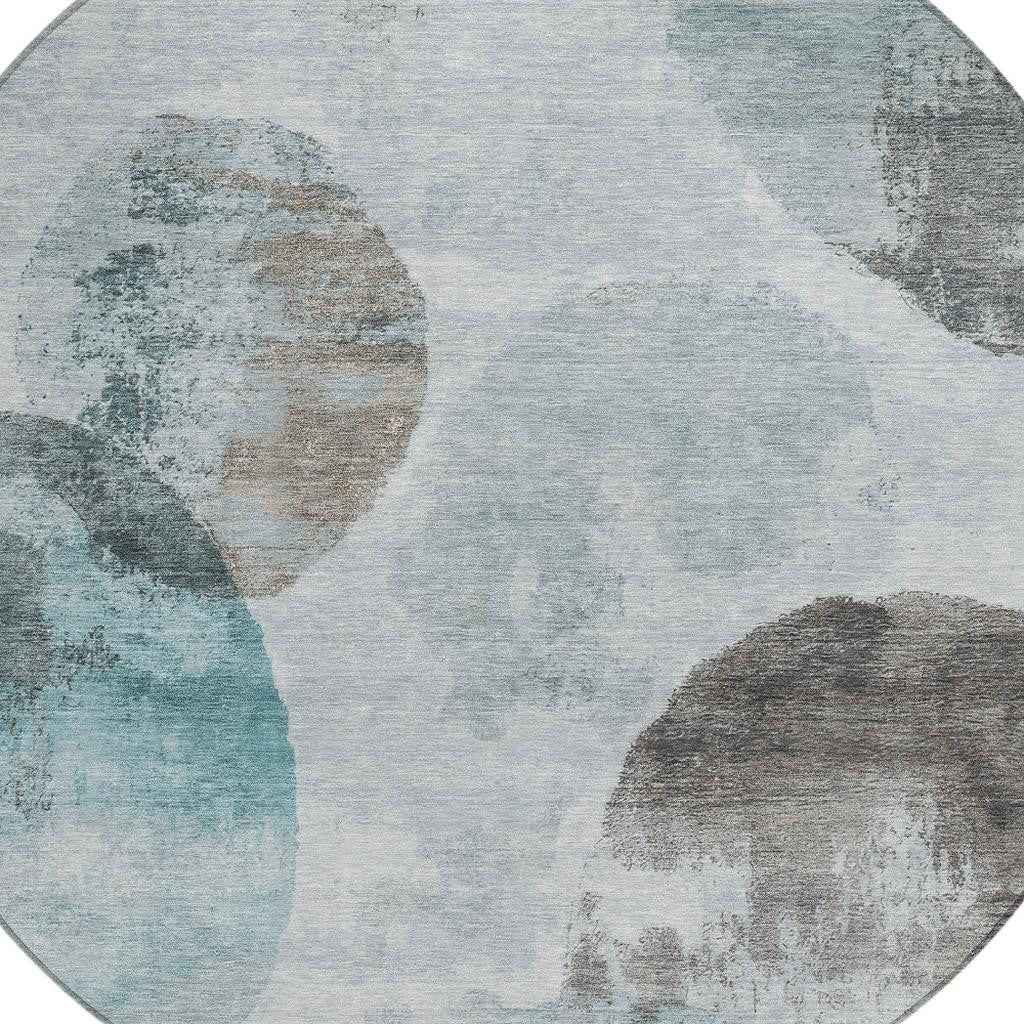 8' Teal Blue Ivory And Taupe Round Abstract Washable Indoor Outdoor Area Rug