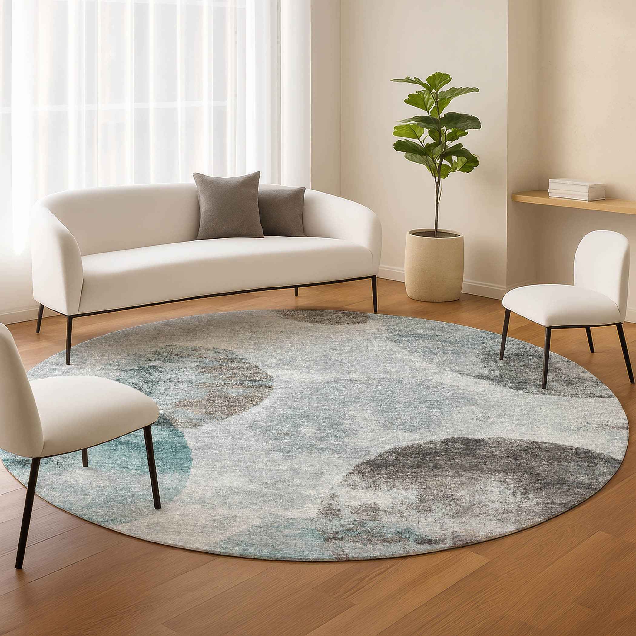 8' Teal Blue Ivory And Taupe Round Abstract Washable Indoor Outdoor Area Rug