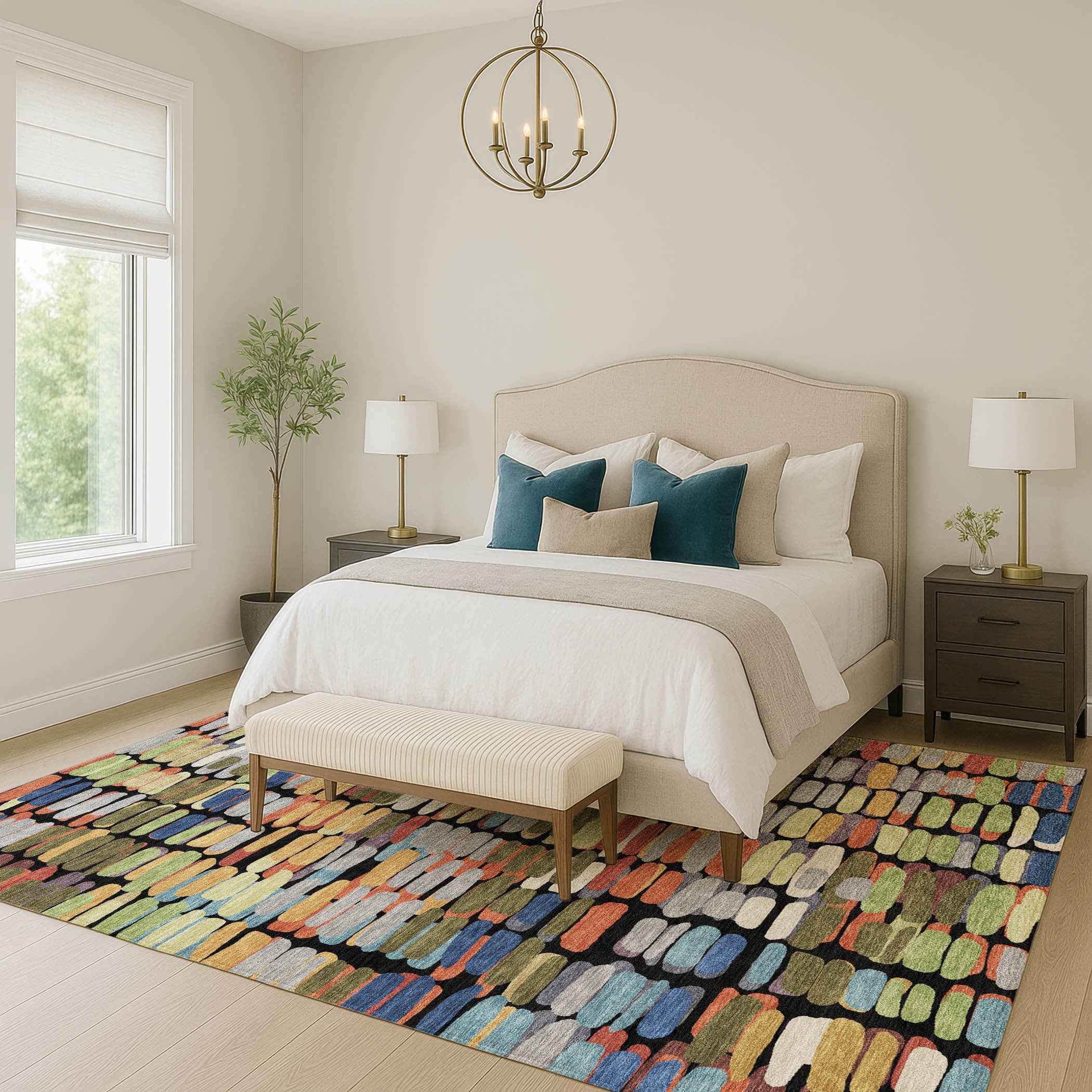 9' X 12' Black Green And Blue Abstract Washable Indoor Outdoor Area Rug