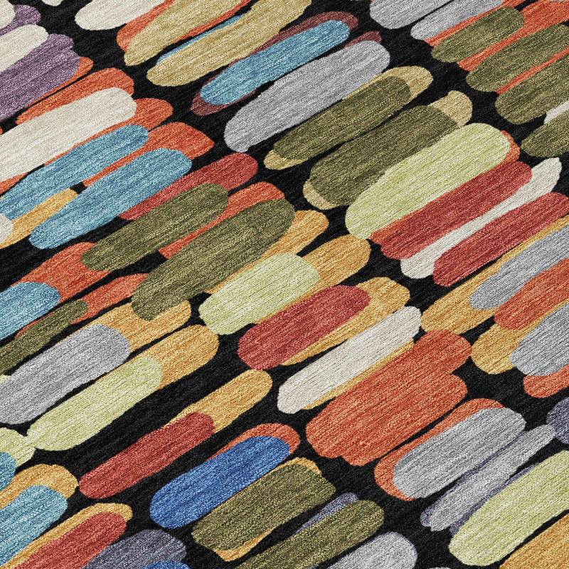 9' X 12' Black Green And Blue Abstract Washable Indoor Outdoor Area Rug