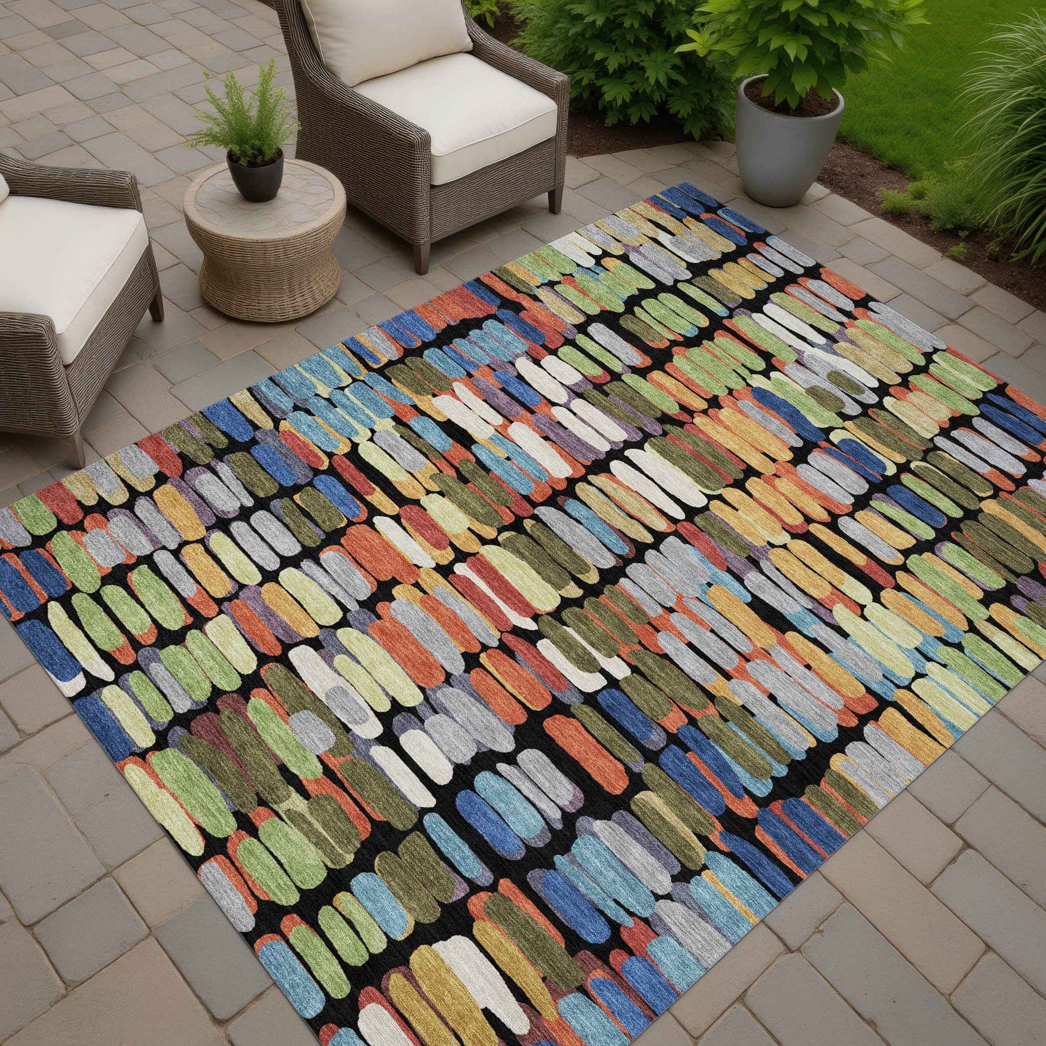 10' X 14' Black Green And Blue Abstract Washable Indoor Outdoor Area Rug