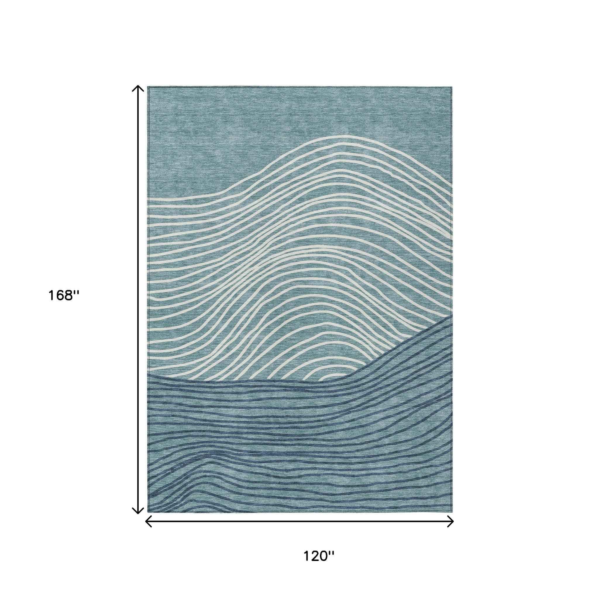 10' X 14' Teal Blue And Ivory Striped Washable Indoor Outdoor Area Rug