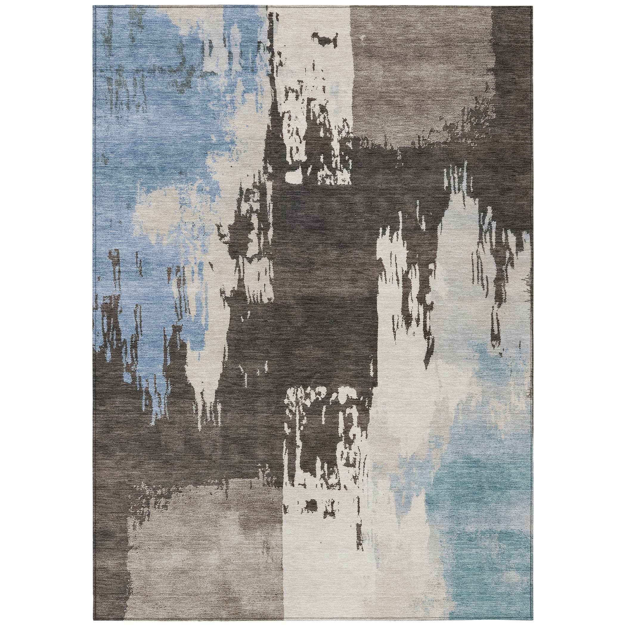 5' X 8' Brown Ivory And Blue Abstract Washable Indoor Outdoor Area Rug