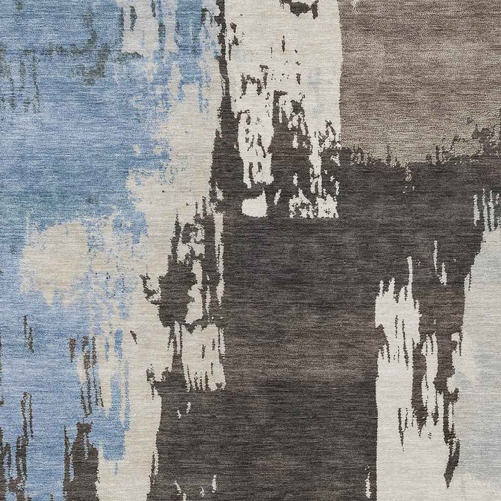 5' X 8' Brown Ivory And Blue Abstract Washable Indoor Outdoor Area Rug