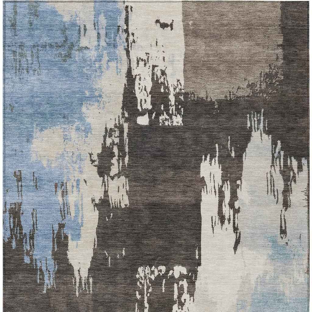5' X 8' Brown Ivory And Blue Abstract Washable Indoor Outdoor Area Rug