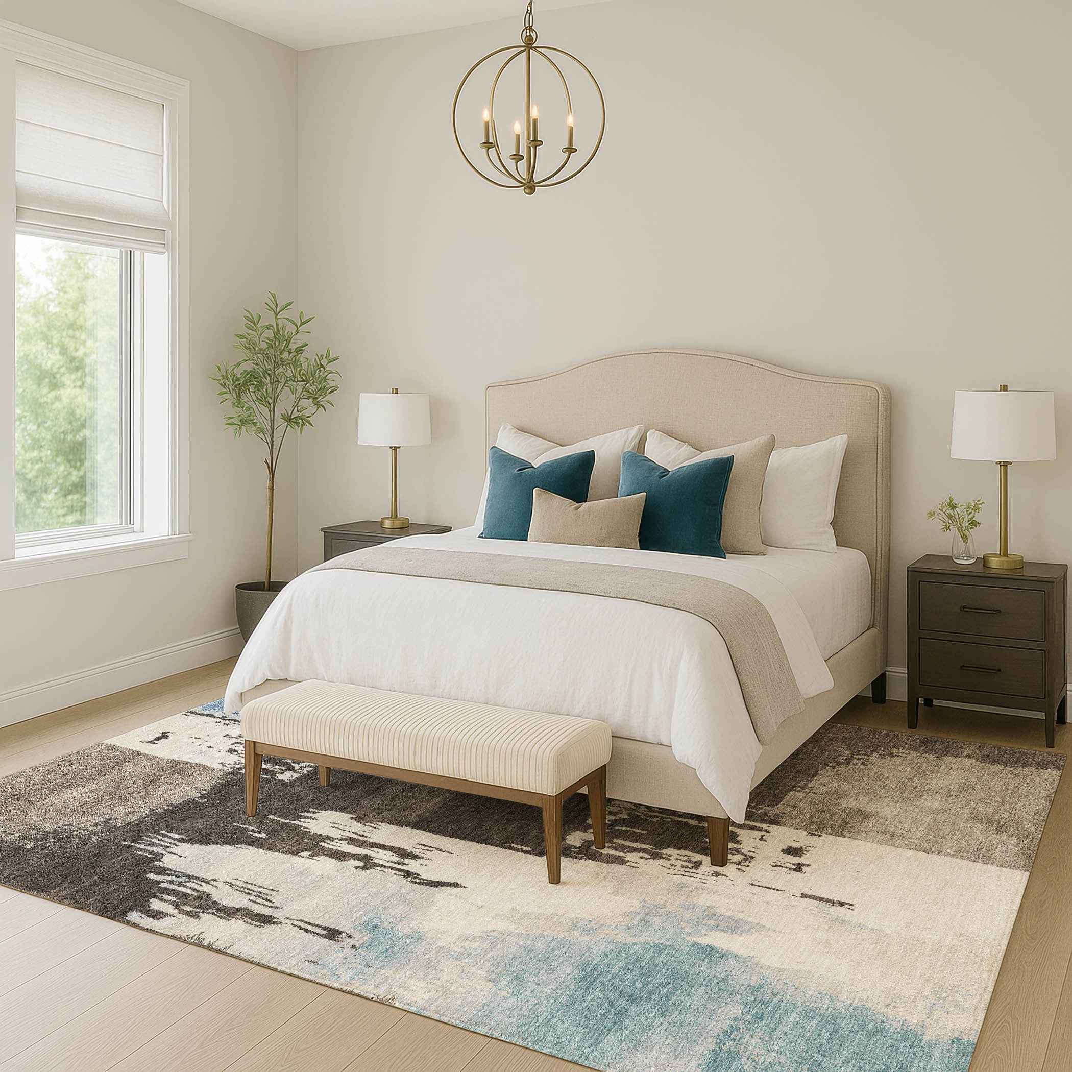 5' X 8' Brown Ivory And Blue Abstract Washable Indoor Outdoor Area Rug