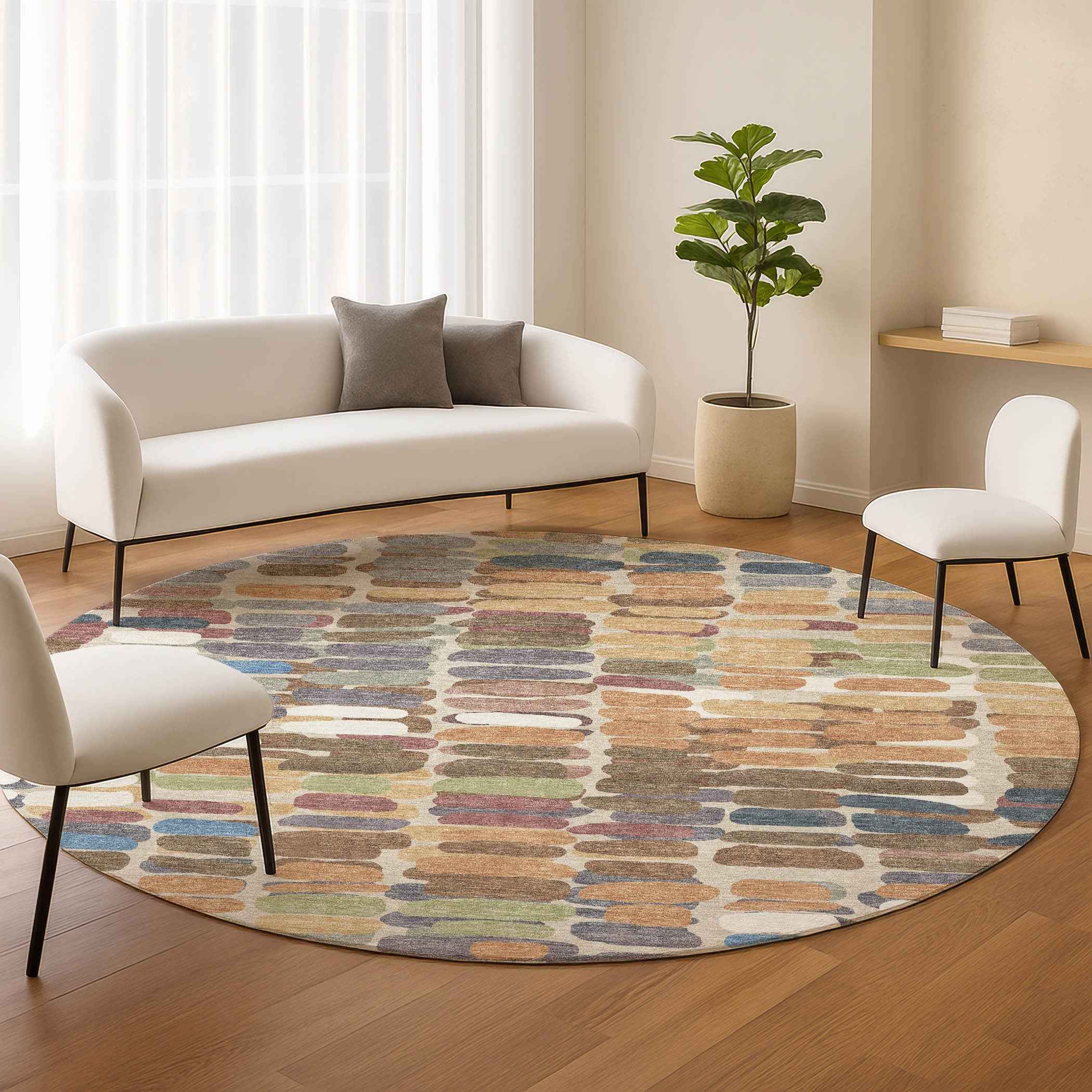 8' Copper White And Gray Round Abstract Washable Indoor Outdoor Area Rug