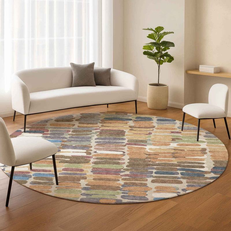 8' Copper White And Gray Round Abstract Washable Indoor Outdoor Area Rug