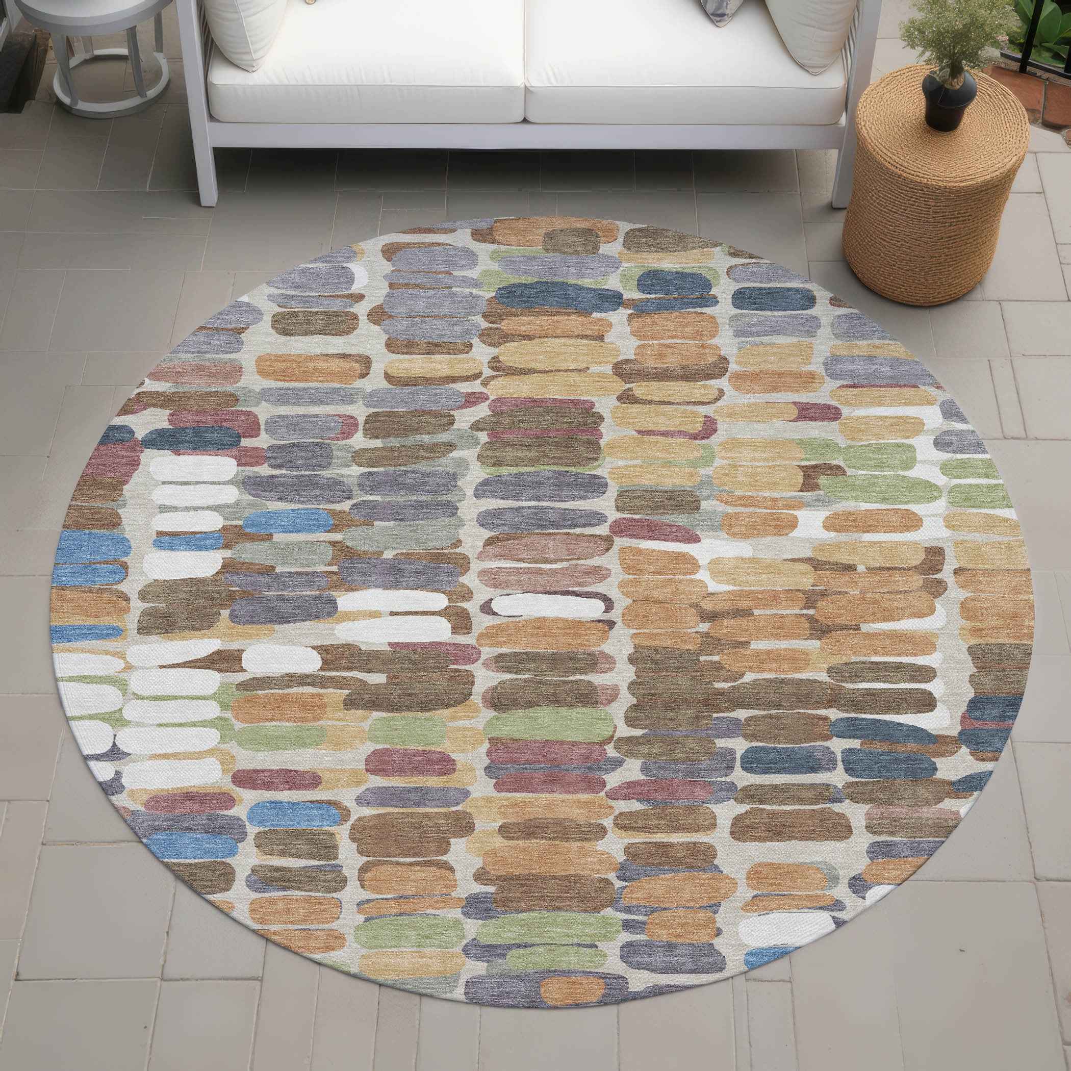8' Copper White And Gray Round Abstract Washable Indoor Outdoor Area Rug