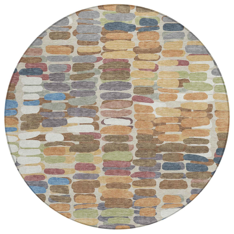 8' Copper White And Gray Round Abstract Washable Indoor Outdoor Area Rug