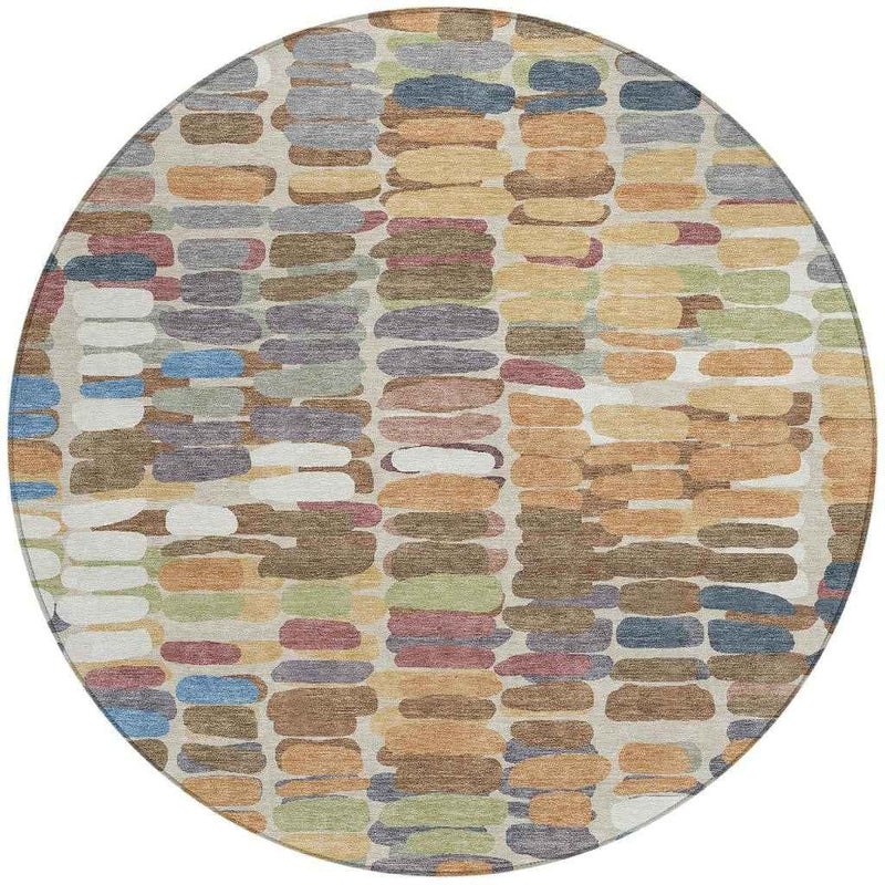8' Copper White And Gray Round Abstract Washable Indoor Outdoor Area Rug