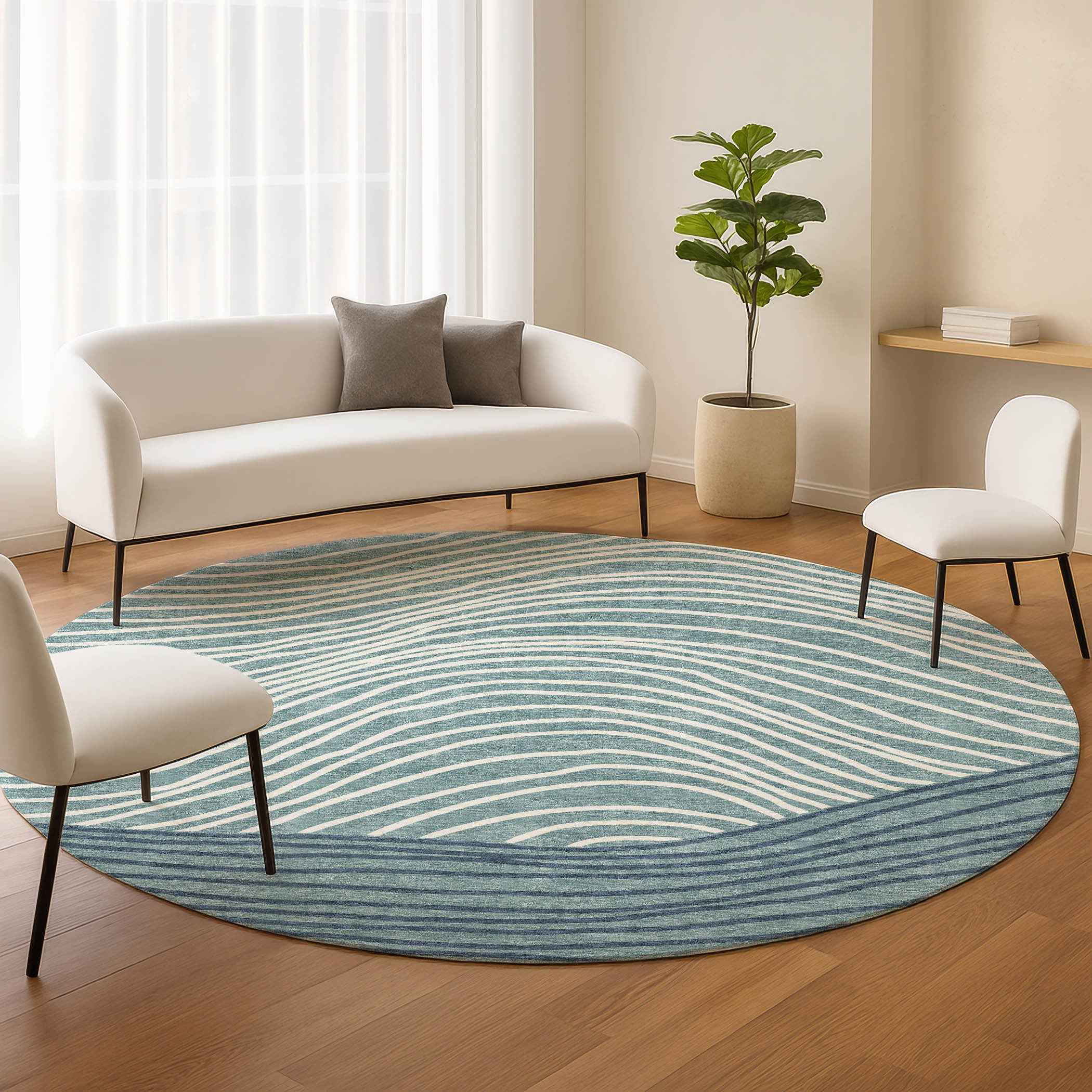 8' Teal Blue And Ivory Round Striped Washable Indoor Outdoor Area Rug