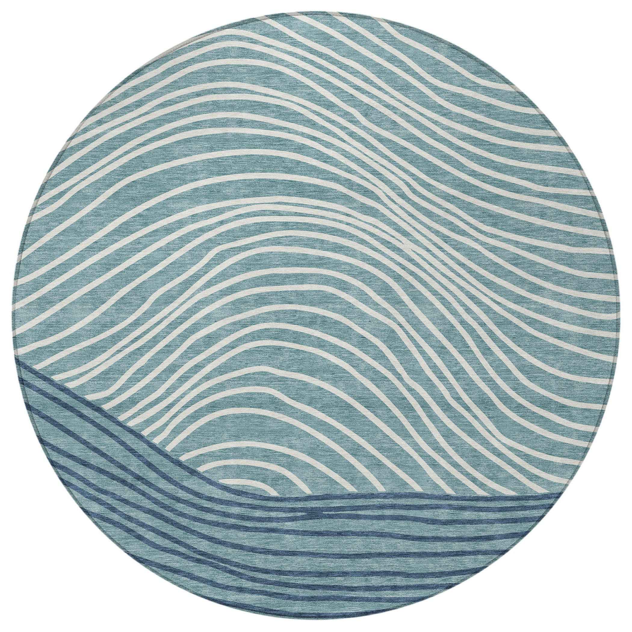 8' Teal Blue And Ivory Round Striped Washable Indoor Outdoor Area Rug